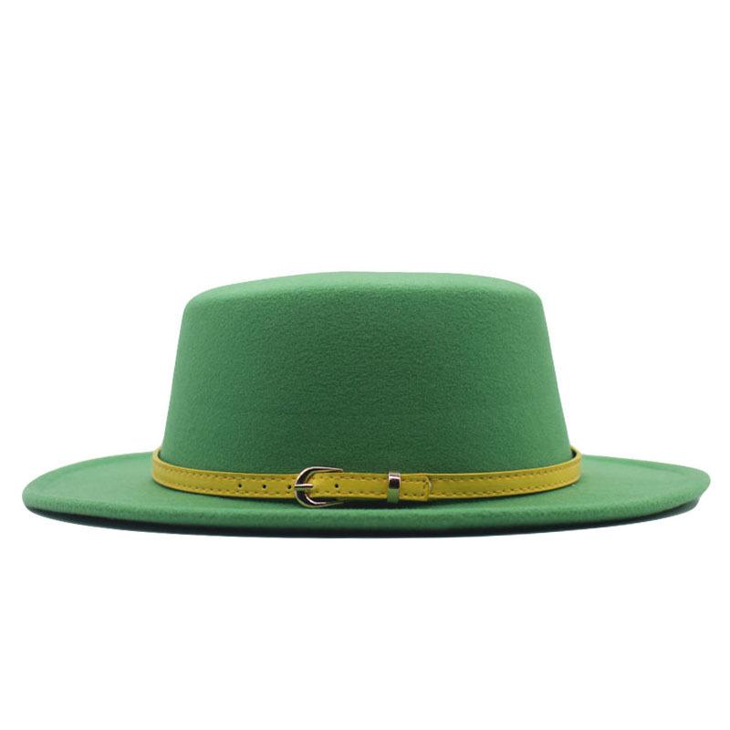 Hat Women's Woolen Top Hat Autumn and Winter Solid Color Retro Gentleman British Style Flat Top Belt Accessories Felt Hat