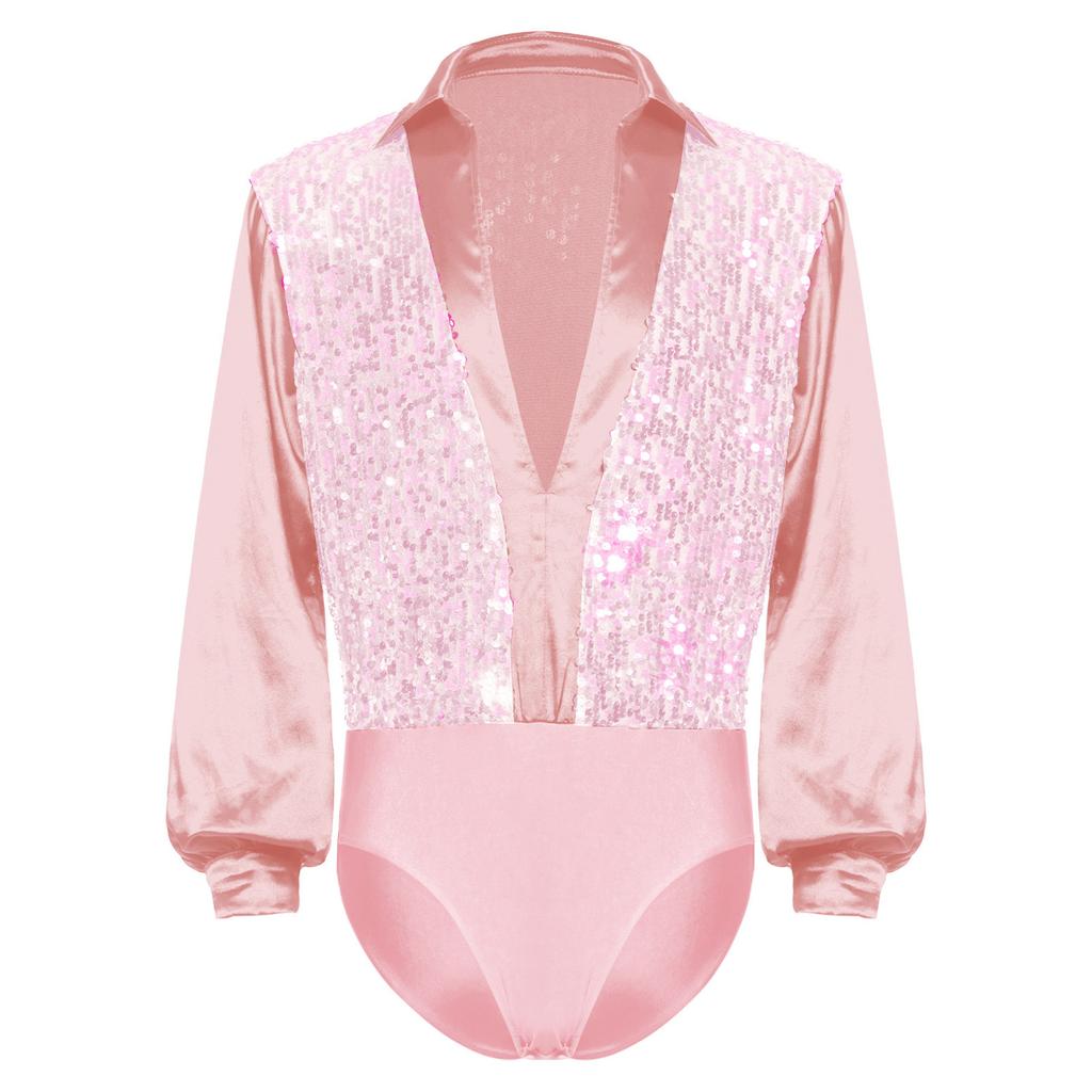 Mens Latin Ballet Dance Bodysuit Glittery Sequined Bodice V Neck Satiny Long Sleeves Buttoned Crotch Leotard