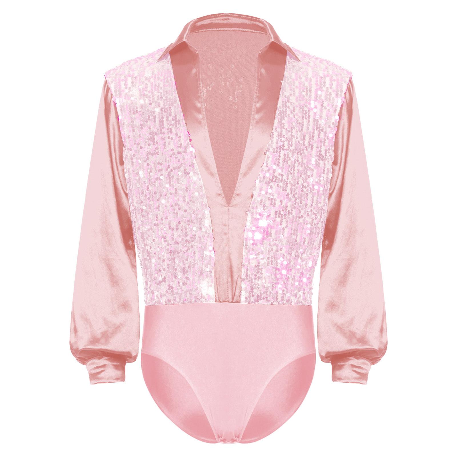 

Mens Latin Ballet Dance Bodysuit Glittery Sequined Bodice V Neck Satiny Long Sleeves Buttoned Crotch Leotard XL рожевий