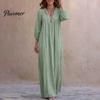 Breathable Women Dresses Bohemian Ruffle V-Neck Long Dress, 3/4 Sleeves Maxi Dress for V Neckline Women, Solid Color Casual Loose Spring Fall