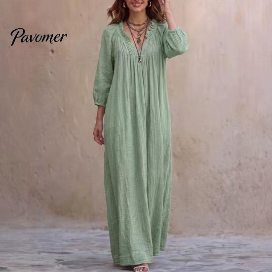Breathable Women Dresses Bohemian Ruffle V-Neck Long Dress, 3/4 Sleeves Maxi Dress for V Neckline Women, Solid Color Casual Loose Spring Fall
