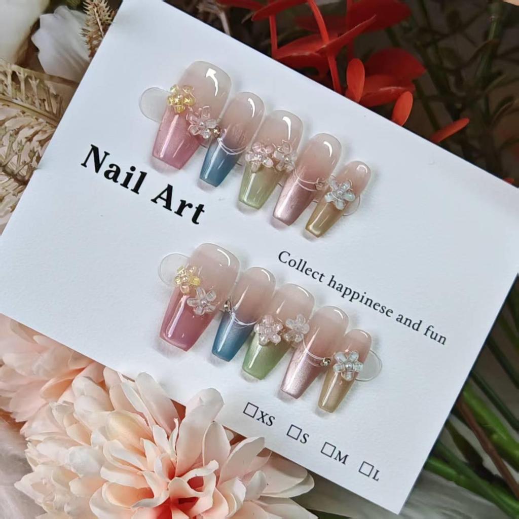 Huayang Time French Colorful Cat Eye Crystal Flower Nails, Handmade for Fresh Spring/Summer Wear