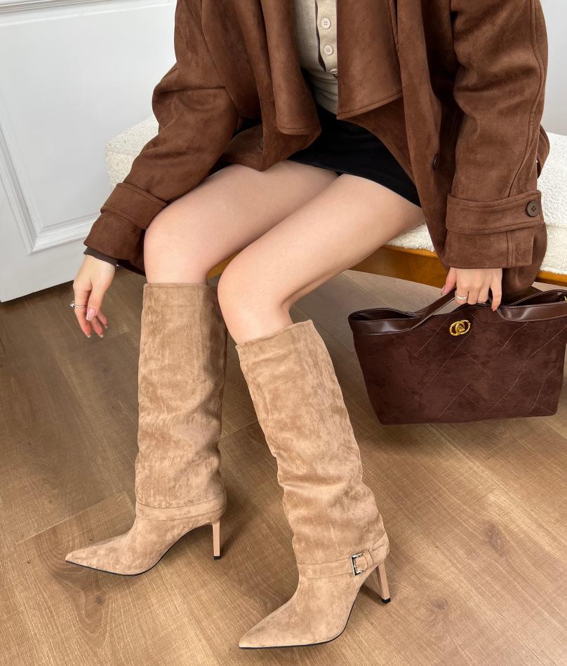 

Hong Kong fashion pointed two wear big boots matte suede thin heel boots belt buckle knee knight boots women 39 хаки