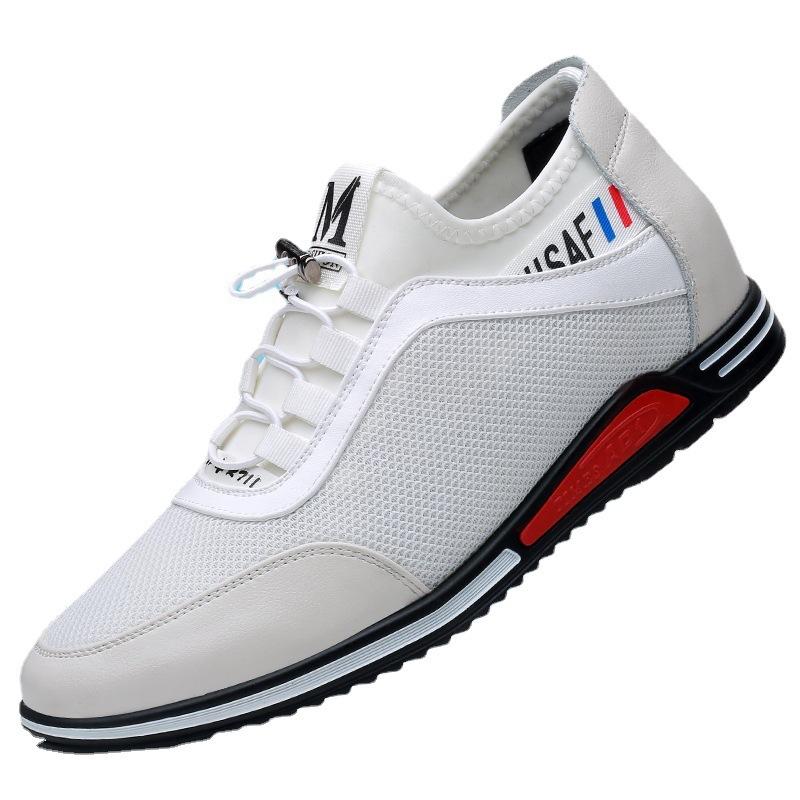 New Leather Men's Shoes Soft Sole Invisible Height Increase 6CM Leather Shoes, Soft Sole Youth Dating Little White Shoes Mesh Breathable Embroidery