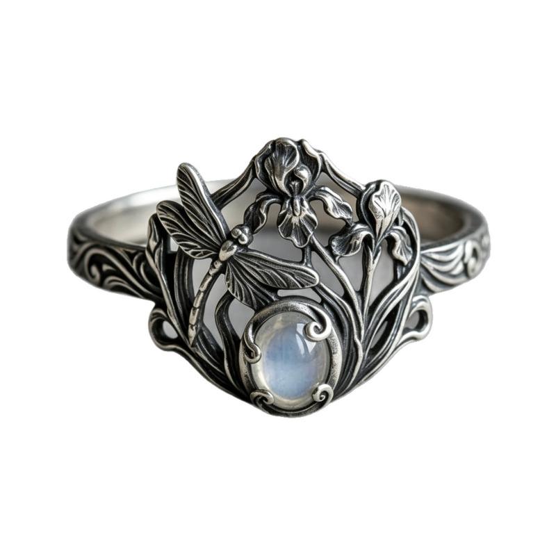 New Inlaid Opal Ring, Ancient Silver Dragonfly Shape, Retro Jewelry, Daily Accessories.
