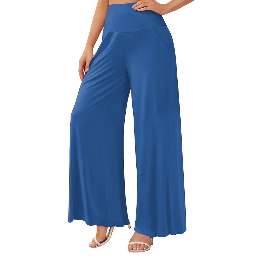 Damen Freizeithose mit hoher Taille, weitem Bein und Taschen, fließend für den Alltag