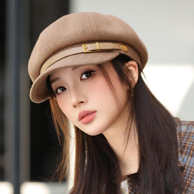 Korean Autumn Pu Leather Button Duck Tongue Beret Hat for Women Navy Style Fashion High End Look Small Versatile Octagonal Hat