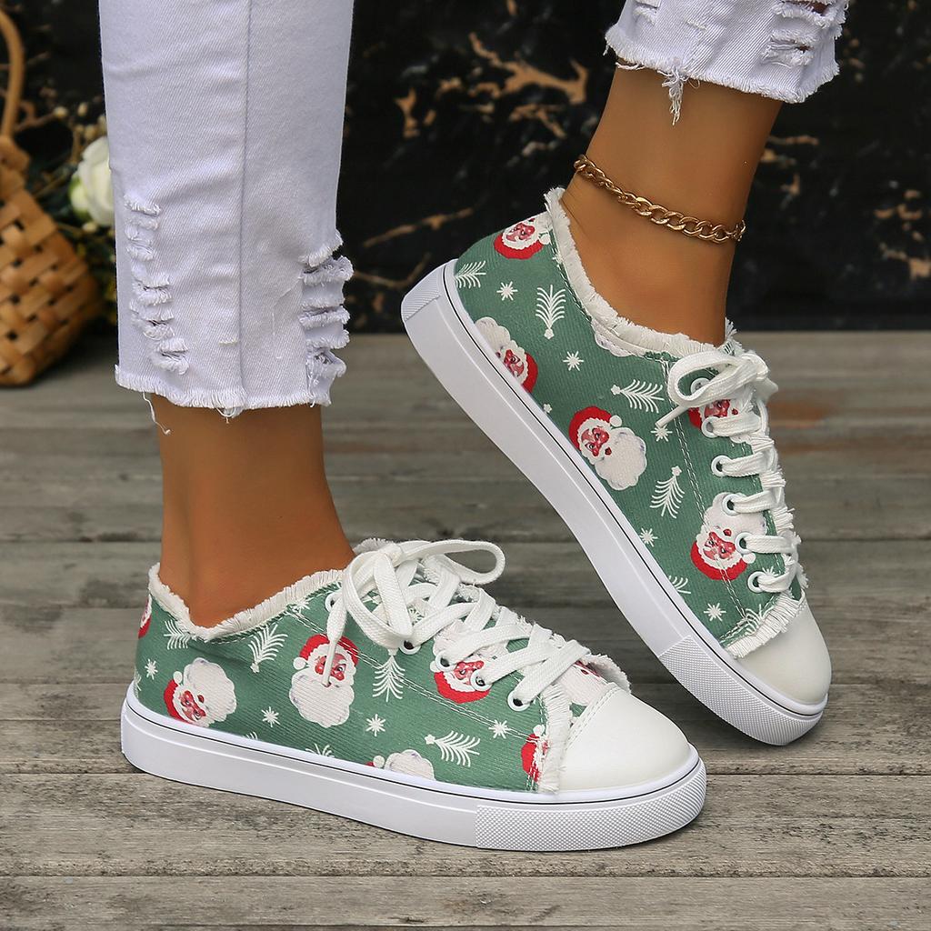 Christmas Casual Flat Baseplate Shoes Women's Large Size Santa Pattern Lace-up Canvas Shoes