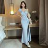 Pure Desire Women's Sexy V-Neck Spaghetti Strap Bodycon Dress, Summer Formal Nightclub Long Skirt A708