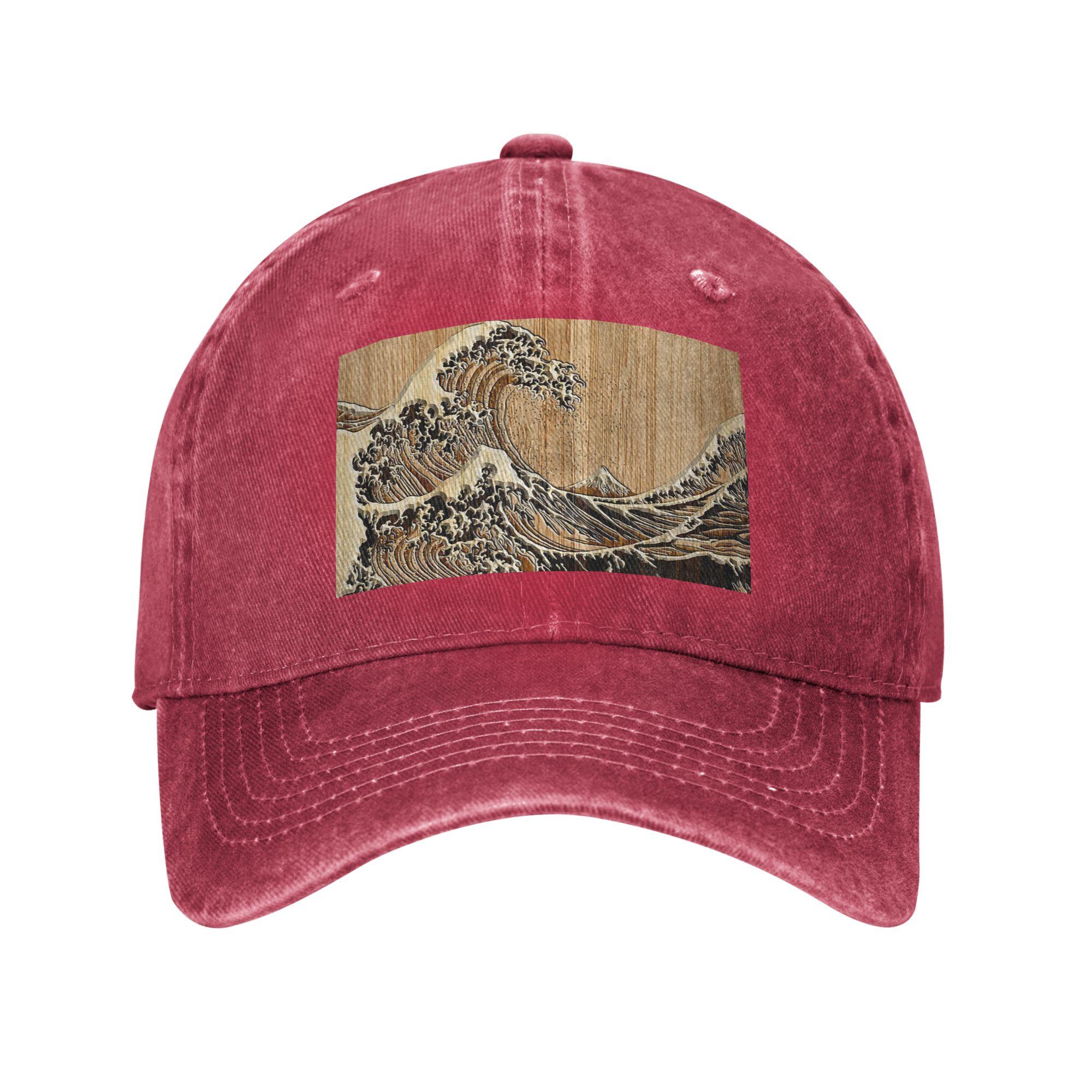 The Great Hokusai Wave in Bamboo Inlay Style Denim Fabric Cap Casual Baseball Caps Adjustable Hat Summer Unisex Baseball Hats One Size