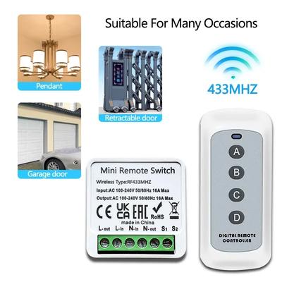 433MHz RF Drahtloser Lichtschalter 16A Relais-Schutzschalter mit 4-Tasten-Fernbedienung Smart Home für LED-Lampe Garagentor-Automatisierung