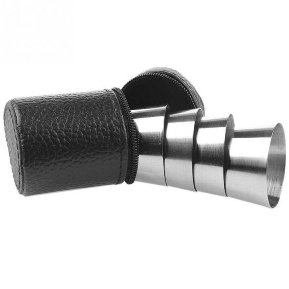 4PcsSet 30ML Stainless Steel Polished Wine Drinking Shot Glasses Cup with Leatherette Cover Case Bag Barware for Home Kitchen Bar
