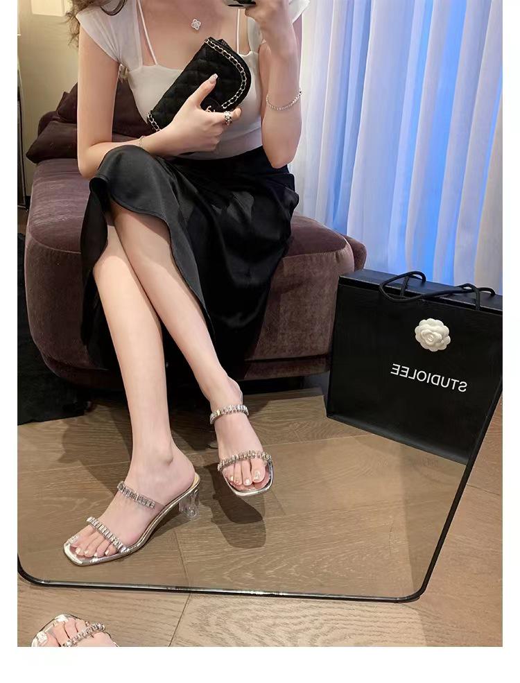 Summer 2025 Korean Fairy Square Toe Rhinestone Strap Transparent Chunky Heel Sandals for Women