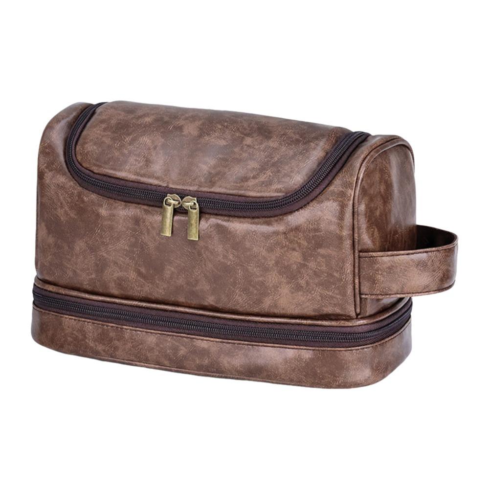 Portable Large Capacity Men Toiletry Bag Waterproof Double layered Cosmetic Storage Bag Handheld PU Leather Makeup Bag Bathroom