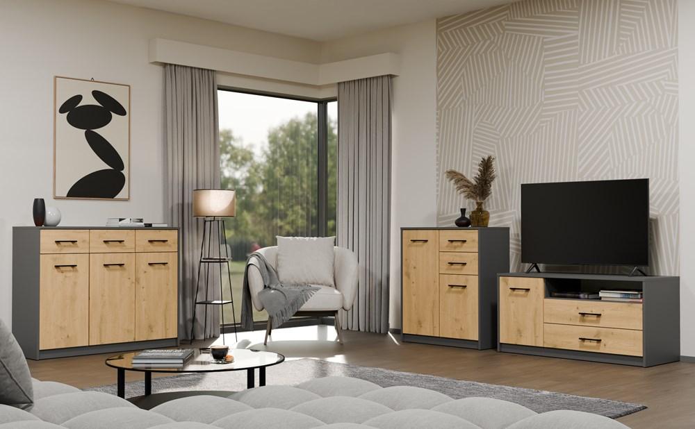 Komoda Simplo 2D2S Szafka 74 Cm 2 Drzwi 2 Szuflady Antracyt Dąb Artisan