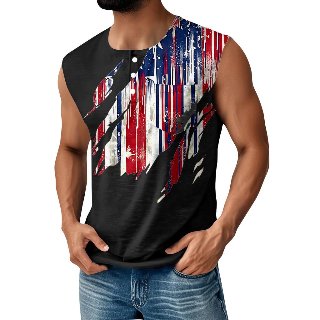 Men's Summer Independence Day Printed Sports Button Pocket Sleeveless Tank Top