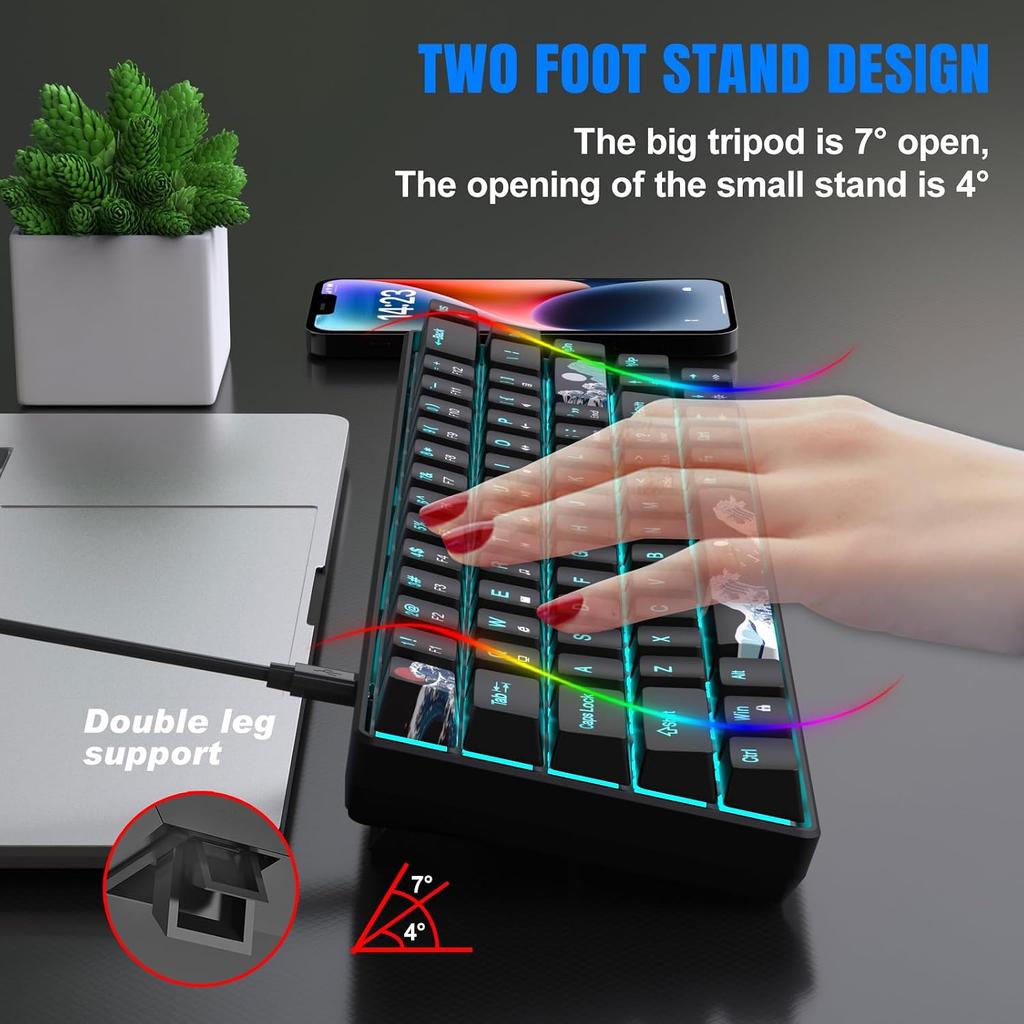 68 Keys 60% Mechanical Gaming Keyboard Hot Swappable Blue Switch Ice Blue Backlight Detachable USB-C Cable For Windows Mac Linux
