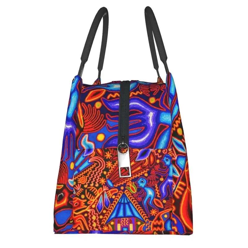 Huichol Traditional Native Thermal Insulated Lunch Bag Women Shamanic Ceremony Folk Art Portable Lunch Tote Meal Food Box