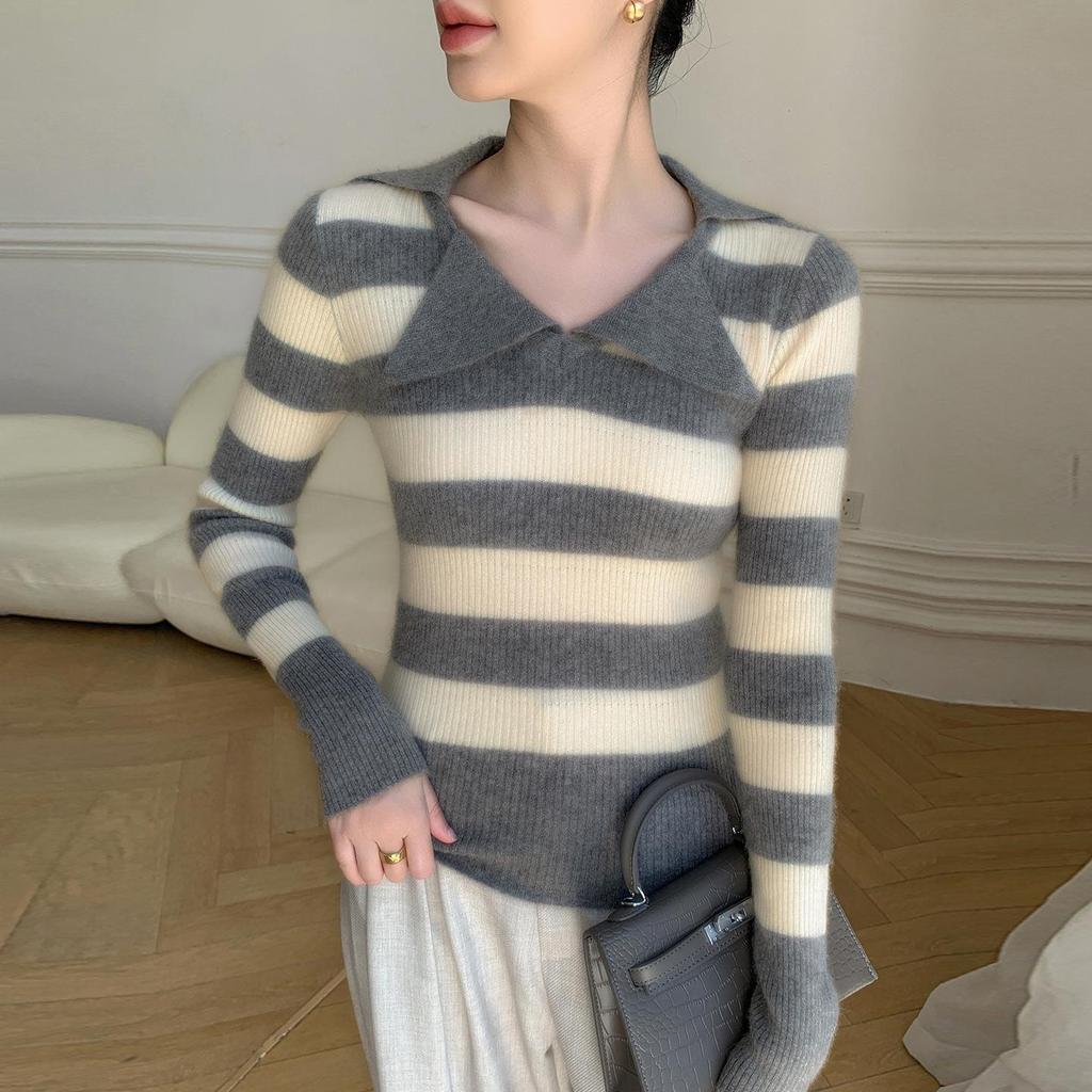 2025 Women's Slim Fit Cashmere Long Sleeve Polo Shirt: Autumn/Winter Trendy Base Layer with Thin Lapel