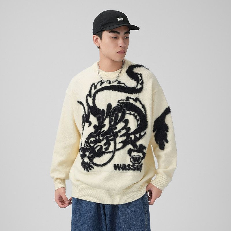 Wassup Heods Year of the Dragon Limited Edition Trendy Brand Knitted Sweater for Men, Autumn and Winter Warm Loose-Fitting Couple's Red Top