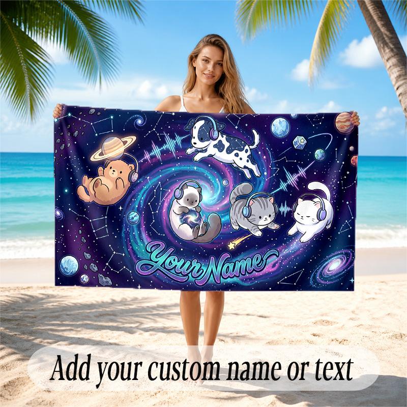 Astronaut Space Theme Quick Dry Beach Towel Custom Name Text Print Large Sand Resistant Towel Beach Vacation