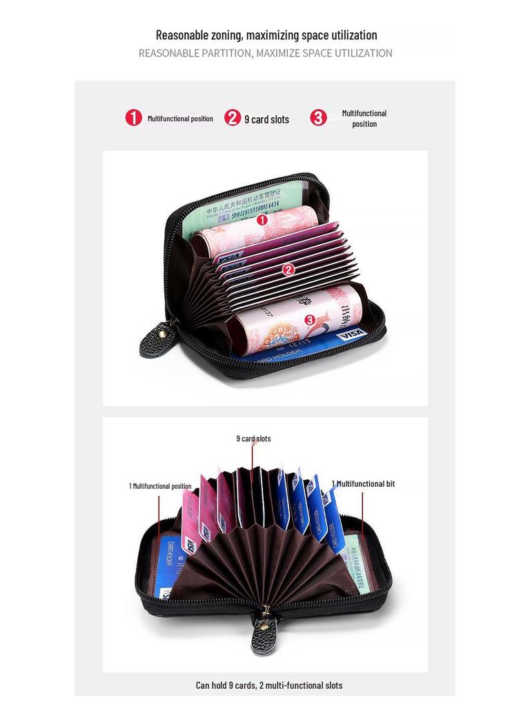 Premium Vollnarben-Rindsleder RFID Diebstahlschutz Akkordeon-Kartenhalter mit Reißverschluss, Echtleder Mehrfachkartenfach-Hülle.