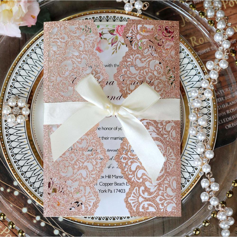 10 Stück Glitzer Einladungskarte mit Band Grußkarten Hochzeit Mariage Einladung Party Taufe Bar Mitzwa Party Dekoration