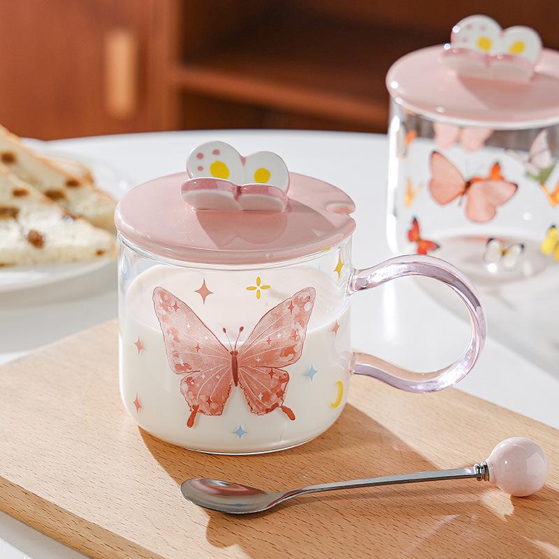 Butterfly Heat Resistant Glass Cup Breakfast Cup Gift Gift High value Pink Girl Heart Cup Cup Mug with Lid Spoon
