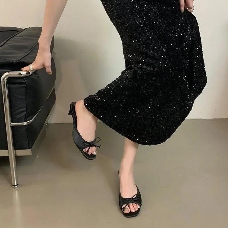 French Style High Heel Sandals 2025 New Summer Korean Version Thick Heel Slip-On Shoes Butterfly Knot Fairy Shoes Women Slides