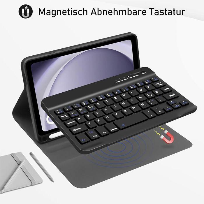 Coque Clavier pour Samsung Galaxy Tab A9 Plus / A11 Plus, Cuir PU Noir avec Clavier + Souris + Stylet