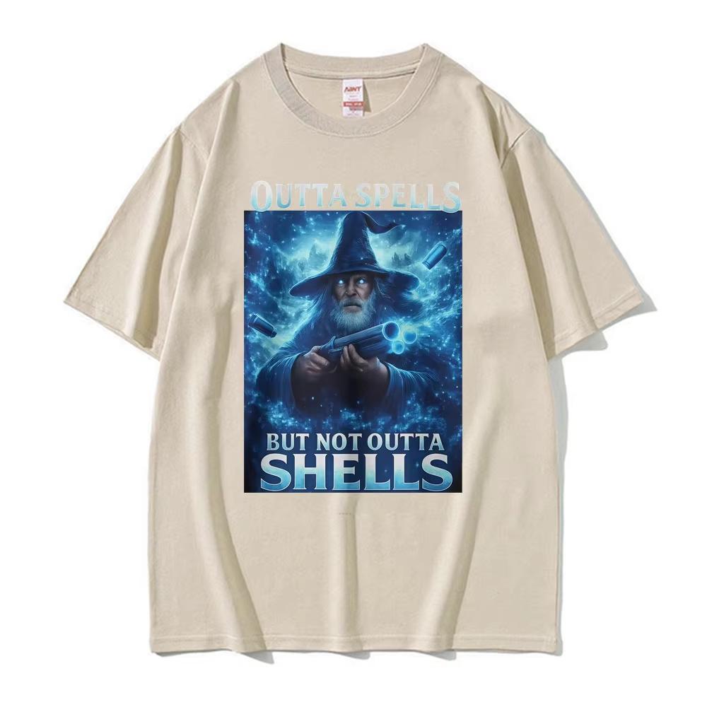 Outta Spells But Not Outta Shells Ironic Wizard Funny Fantasy Meme T Shirts Men Women Summer Tops pure Cotton Tshirt Streetwear