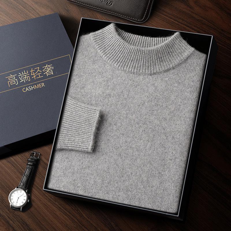 Men's Double-Thick Lamb Cashmere Sweater, Solid Color, Round Neck, Autumn/Winter Base Layer.