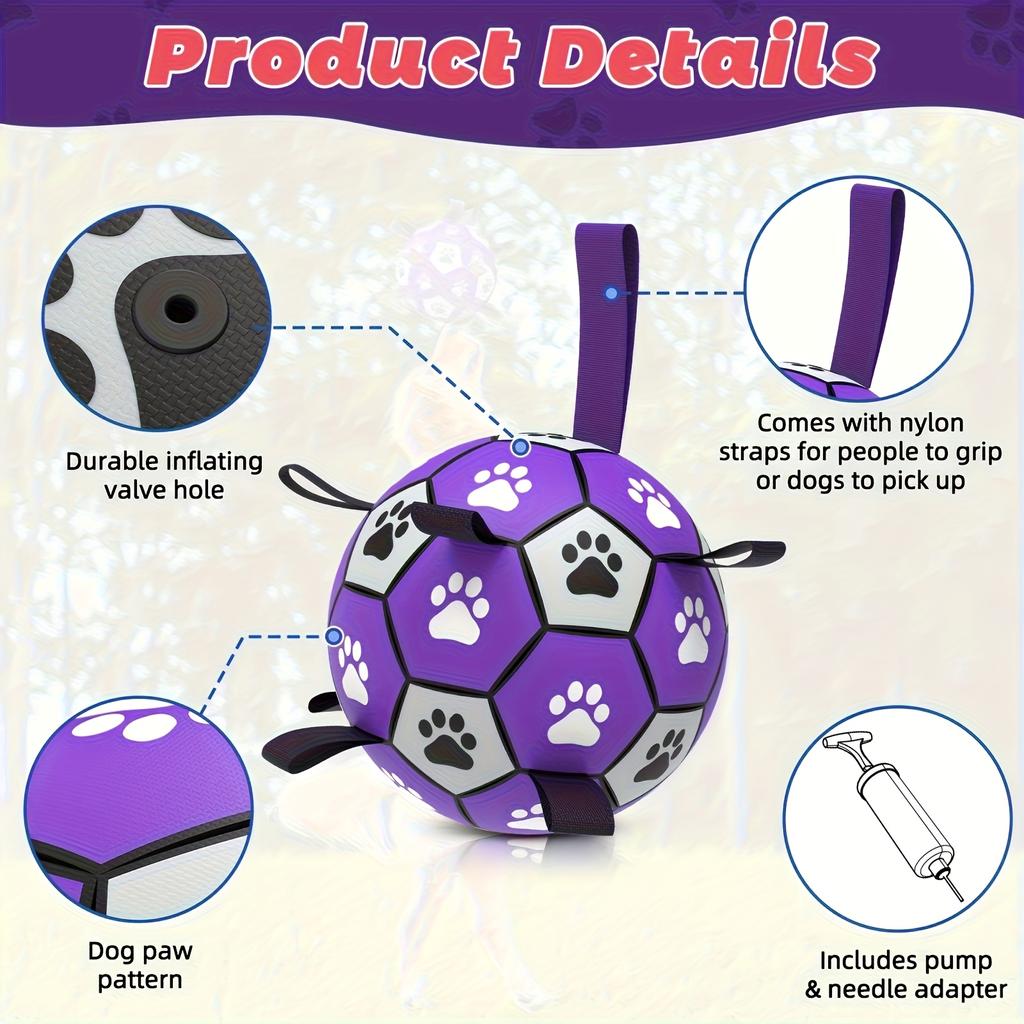 Durable Rubber Dog Soccer Ball with Straps - Interactive Chew-Resistant Pet Toy for All Breed Sizes, Purple &Black with Paw Print Design,Dog Ball Toy