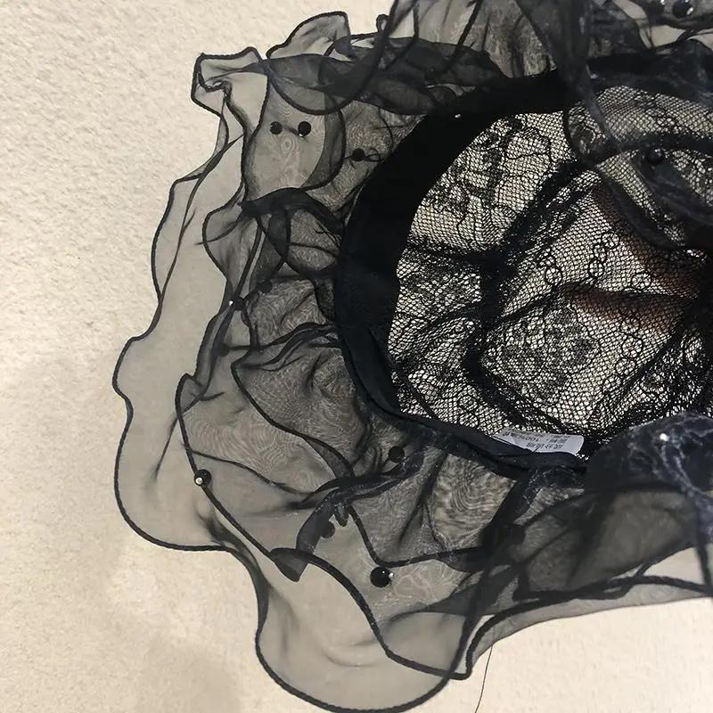 WTEMPO Solid Color Elegant Lace Patchwork Bucket Hats Large Brim Summer Mesh Gauze Wavy Flat-top Pearls Sun Hats