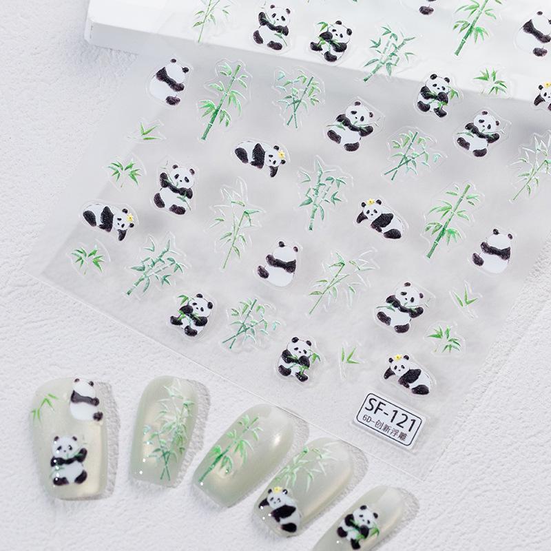 Sky Giant Panda 3D Embossed Nail Art Stickers - Chinese Style Bamboo & Cartoon Doll Design.