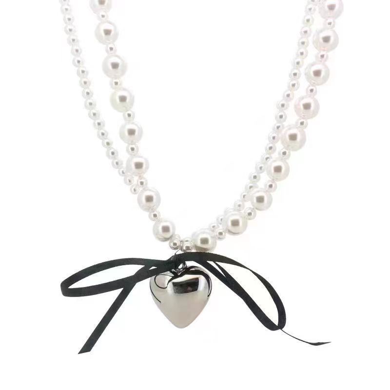  Light Luxury Niche Black Ribbon Love Pearl Clavicle Chain Women European Cross-border Elegant Dating Daily Neck Accessory Gift