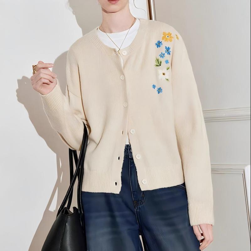 

Вышитый вязаный кардиган женский осенне-зимний новый свободный свитер-жакет с круглым вырезом и цветочным узором женский One size