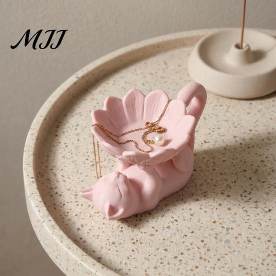 Gifts for Women Girls 3D Printed Lazy Lying Cat Lotus Jewelry Tray, Cute Figurine Desktop Organizer Tray Trinket Dish, Catchall Rings Earrings