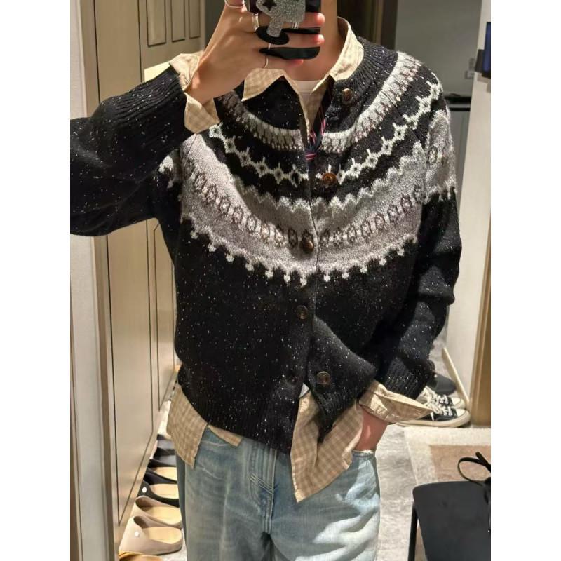 Кардиган в стиле Fair Isle «Звездный остров»: Унисекс Осенний Ретро Вязаный Трикотаж в Стиле Old Money L