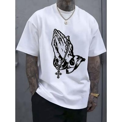 European Size Men'S Pray Print Short Sleeve T-Shirt - Relaxed Fit Breathable Summer Tee with Bold Black Graphic Design