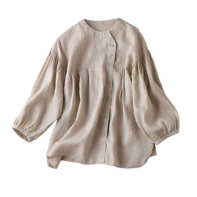 Γυναικείο ρετρό casual πουκάμισο με λαιμόκοψη φανάρι μακρυμάνικο πουκάμισο με μονό στήθος Top splicing σχέδιο Loose Fit μονόχρωμη μπλούζα