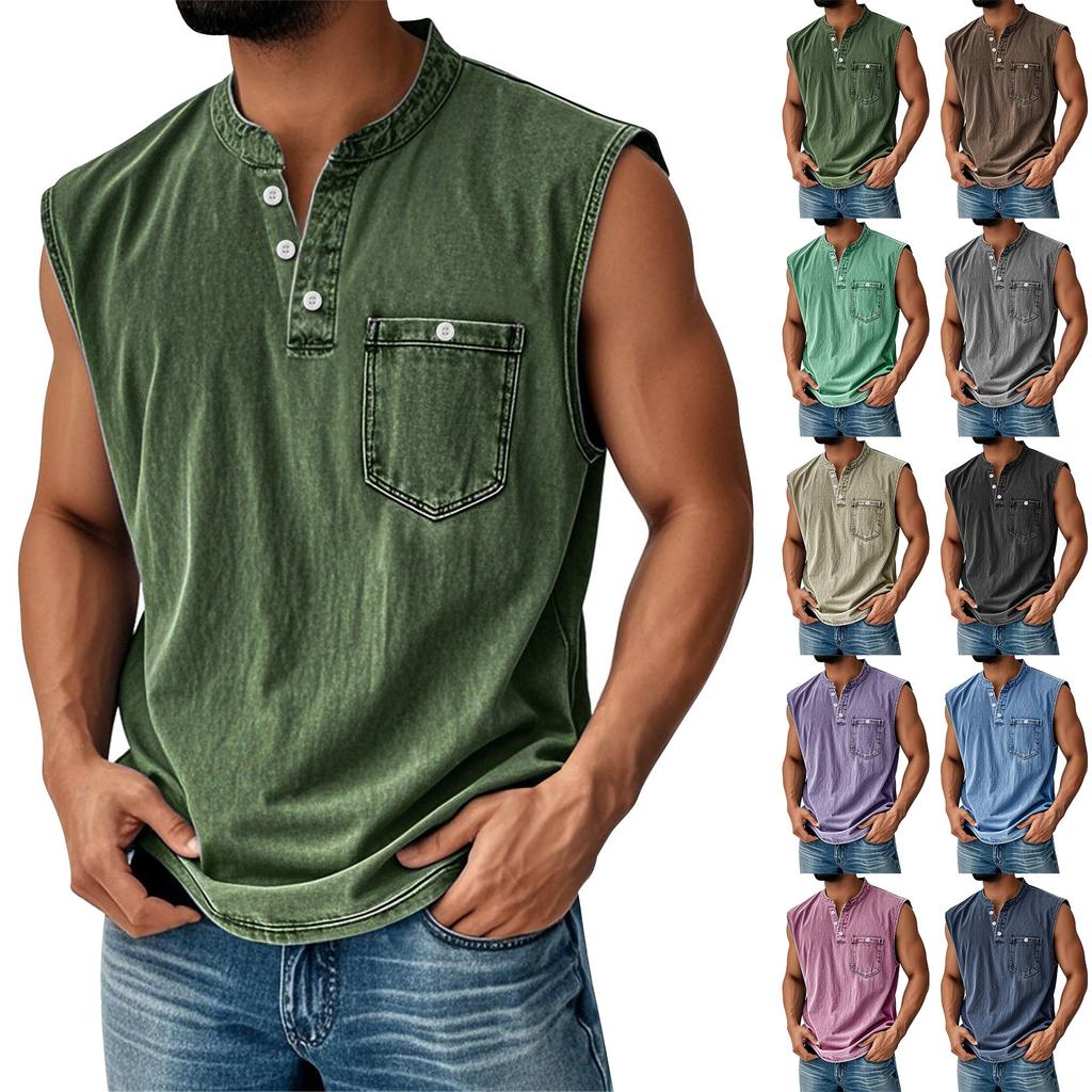 Canotta da uomo senza maniche con scollo Henley, abbottonatura e taschino sul petto, vestibilità casual ampia, maglietta estiva