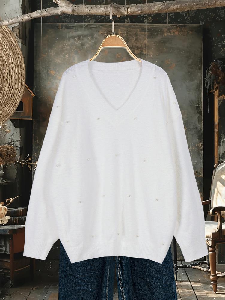 2025 Autumn/Winter European & American V-neck Beaded Women's Knitwear Sweater