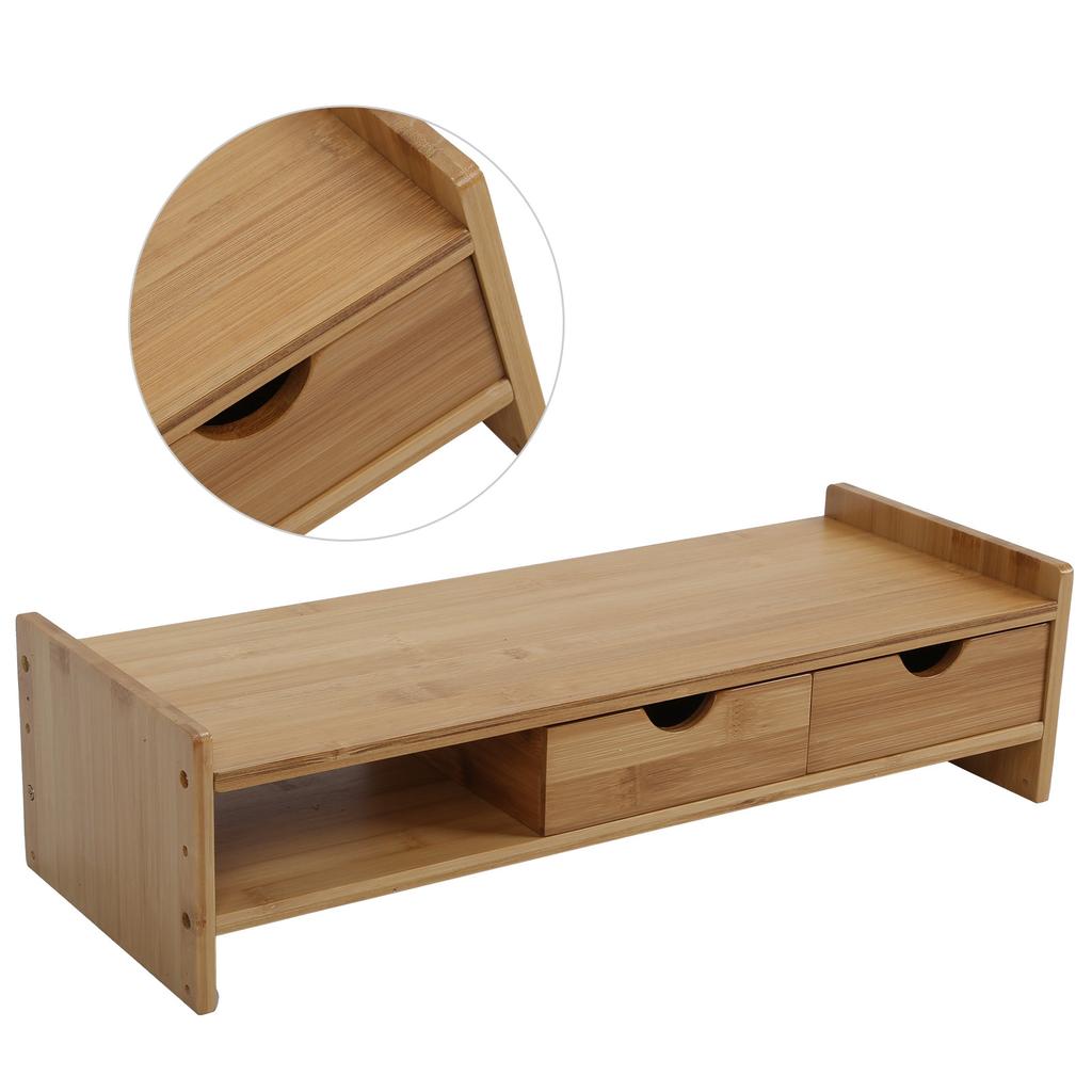 Desk Monitor Riser Stand with Drawers Bamboo Laptop Shelf Organizer Office Accessory2 Drawers
