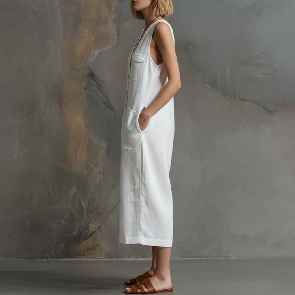 Women's Fashionable Color Button Sleeveless Pocket Casual Retro Wide Leg Seven Part Jumpsuit