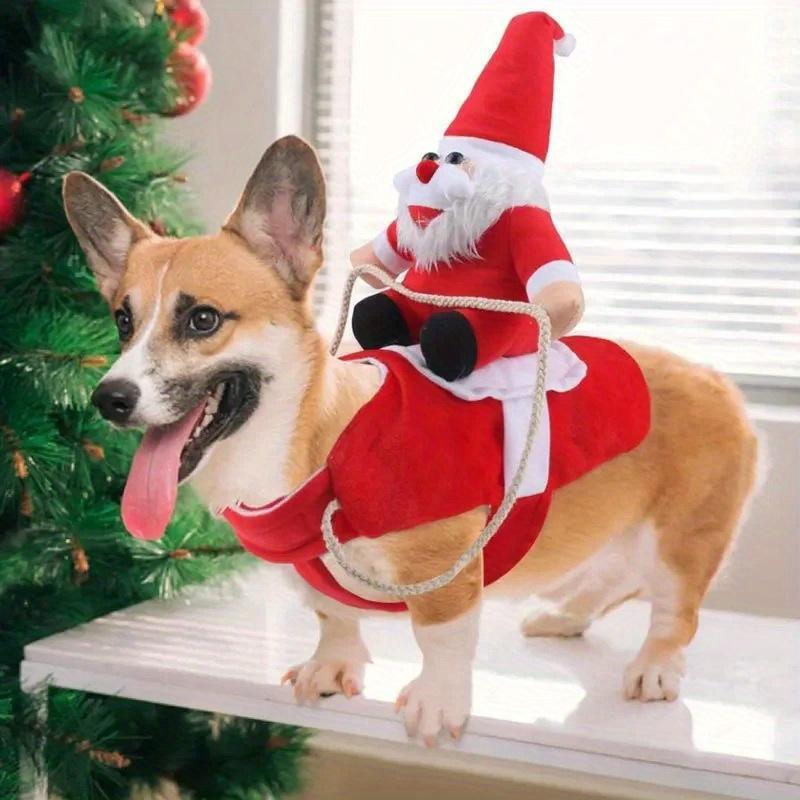 Süßer Weihnachtsmann auf Rentier Hundekostüm Warm Hund Haustier Weihnachten Verwandlungsmantel Schal Niedlicher Weihnachtsmann auf Rentier Hund