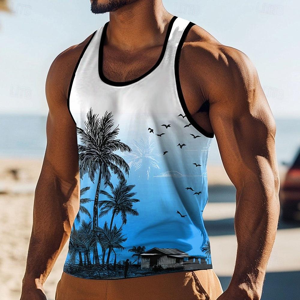 Herren Palme Sonnenuntergang Strandhütte Tropisch Möwe Grafik Tanktop Weste Ärmelloses Hemd XL gray