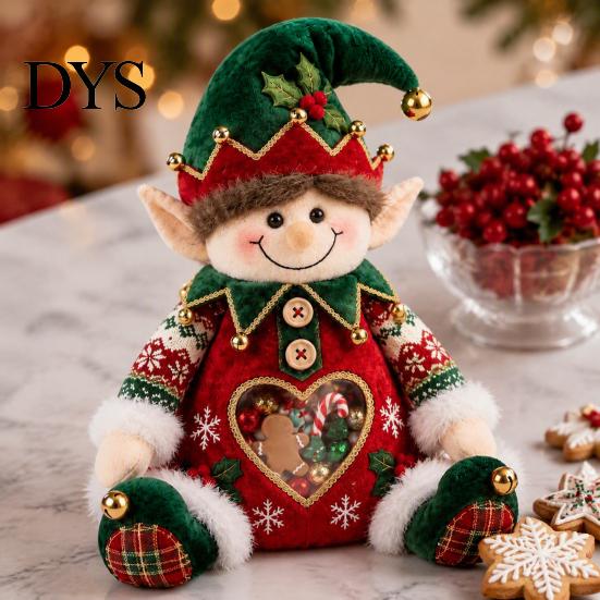 Soft Knitted Christmas Ornament Plush Snack Bag, Clear Heart Window Storage Doll with Back Zipper, Holiday Candy Cookie Gift Home Decor Holder,