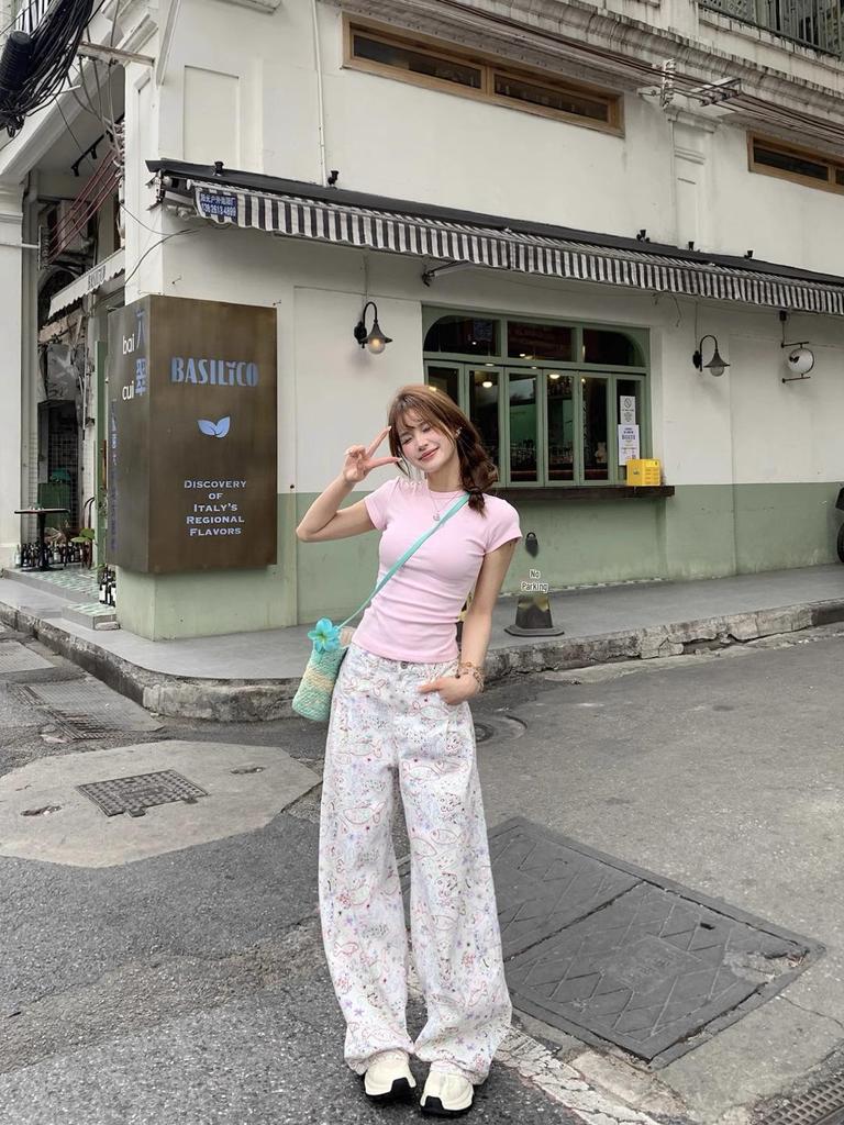 White Fish Print Jeans: 2025 Spring/Summer Women's Loose Casual Wide-Leg Pants