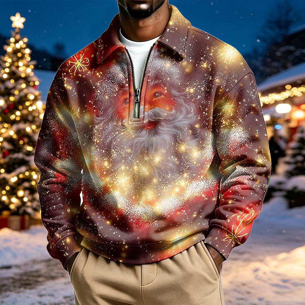 Men's Casual Christmas Print Quarter-Zip Sweatshirt with Collar
